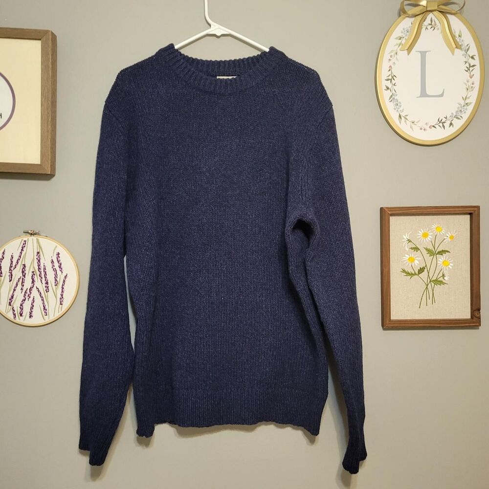 L.L. Bean Navy Lambswool Crewneck Sweater Men's Large Tall Grandpa Fisherman